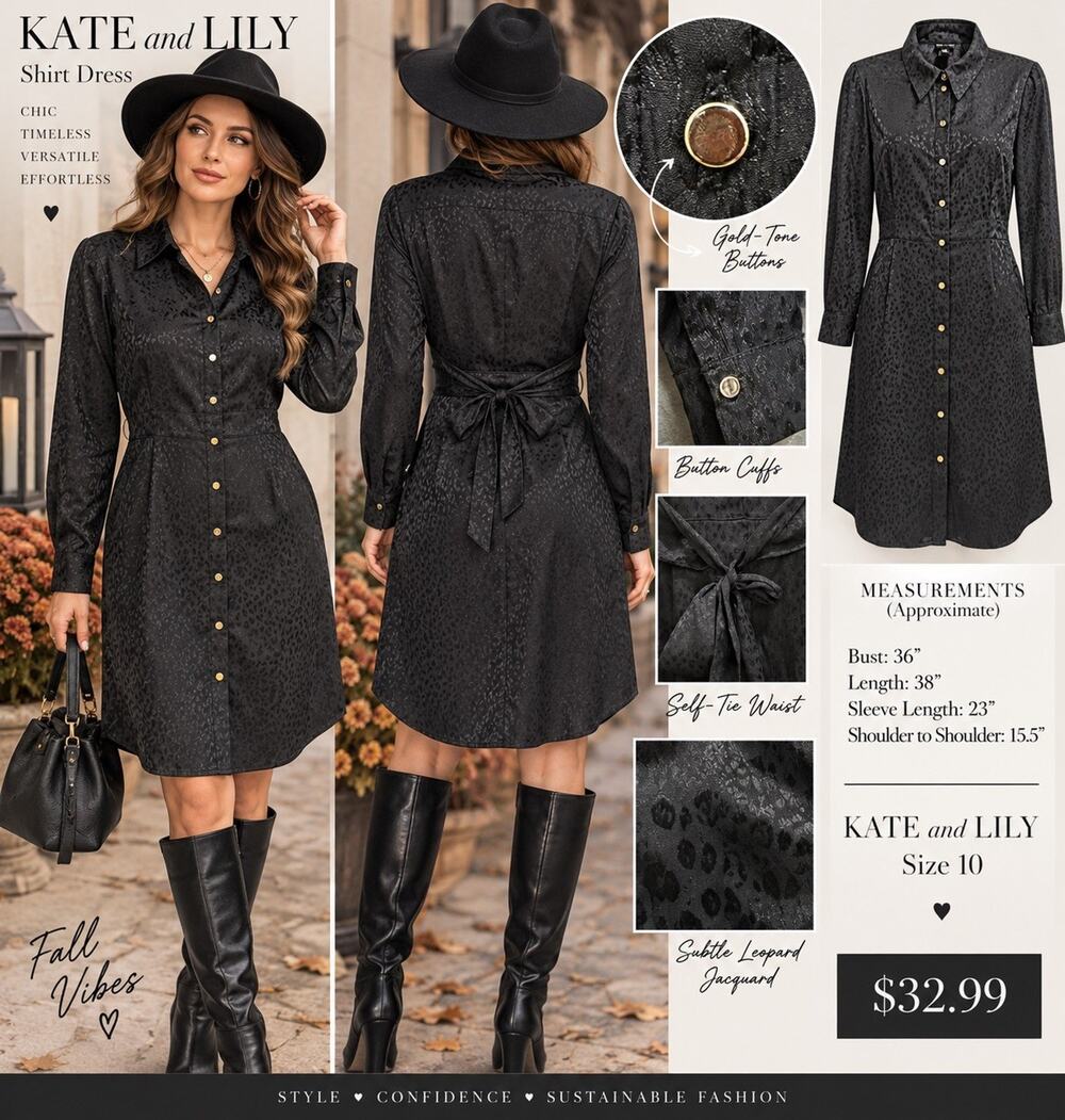 Kate & Lily Size 10 Black Leopard Jacquard Shirt Dress Gold Buttons Tie Waist